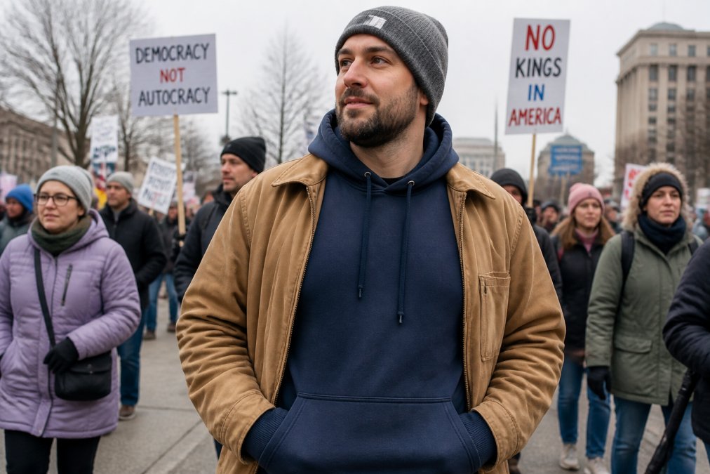 Person wearing a hooded sweatshirt under an open jacket at an outdoor protest with crowds and signs in the background