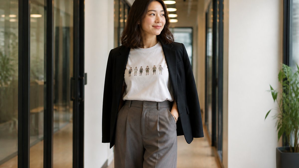 A young professional woman wearing a subtle graphic tee tucked into wide-leg trousers with a blazer draped over her shoulders, standing in a bright modern office hallway