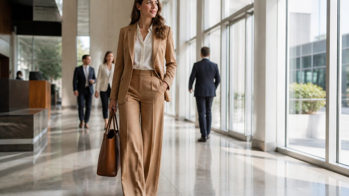 A woman in a tailored camel wide-leg trouser suit walking through a bright modern office lobby, holding a leather tote, with colleagues blurred in the background