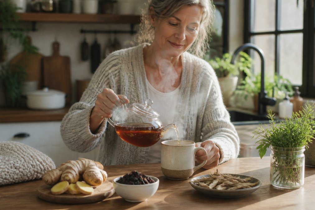 Woman in her 50s pouring herbal tea with ginger and elderberries to support women's immune health each morning.