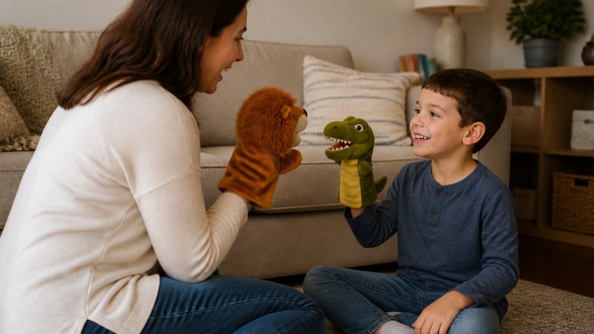 A parent and 6-year-old child sitting on a cozy living room floor, playing with hand puppets and smiling during a role-play game about telling the truth