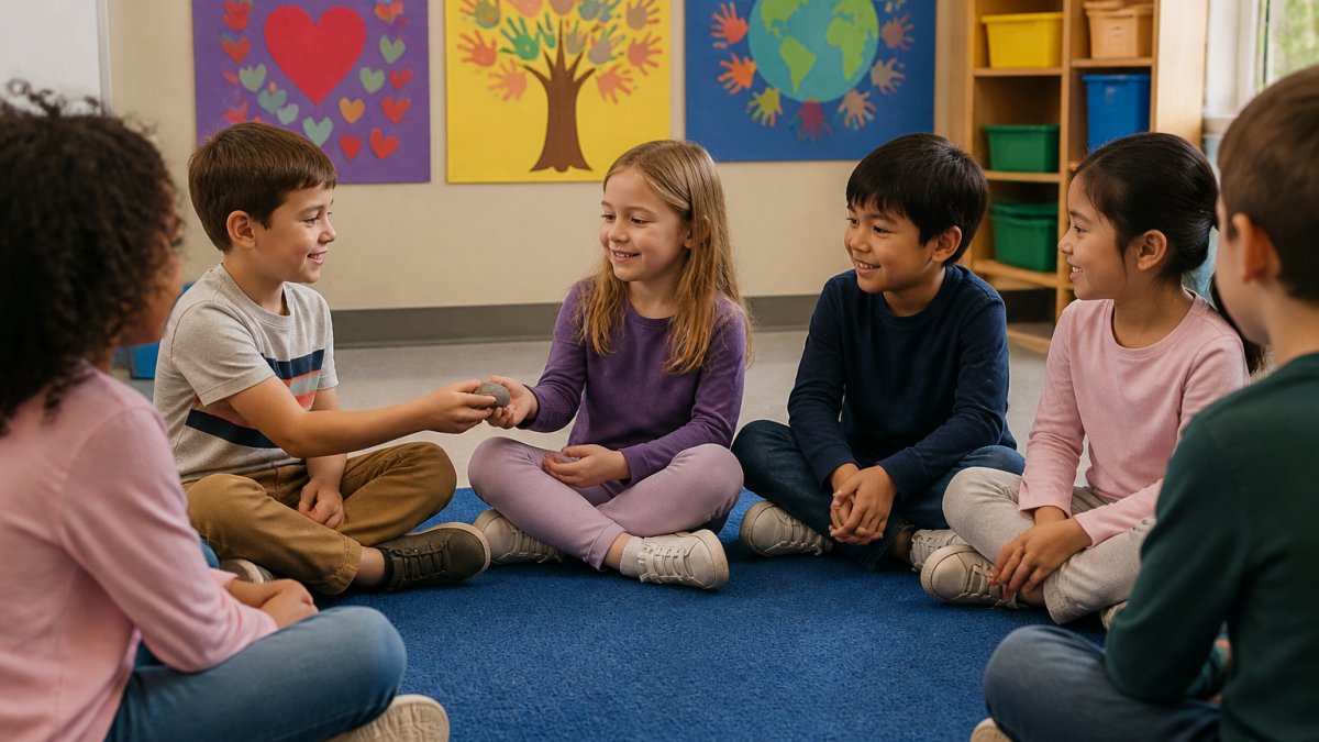 A group of elementary students sitting in a circle on a classroom rug, passing a small talking piece and smiling, with colorful kindness posters on the wall behind them