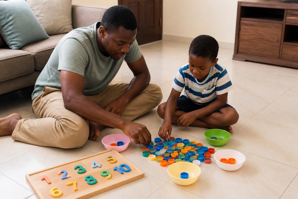 A parent and young child sitting on a bright living room floor in Nigeria, sorting colourful bottle caps and counting them into small bowls, with a wooden number chart nearby