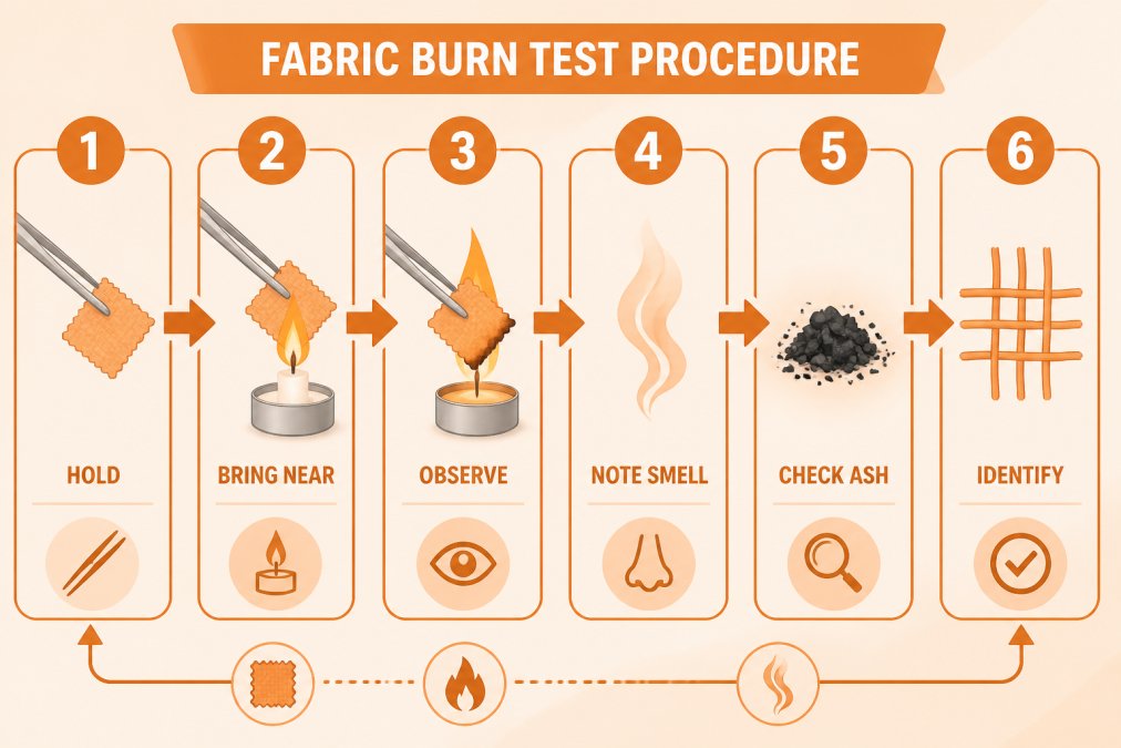 Flowchart showing burn test procedure: Hold fabric scrap with tweezers → Bring near flame → Observe flame colour and behaviour → Note smell → Check ash residue → Identify fibre type