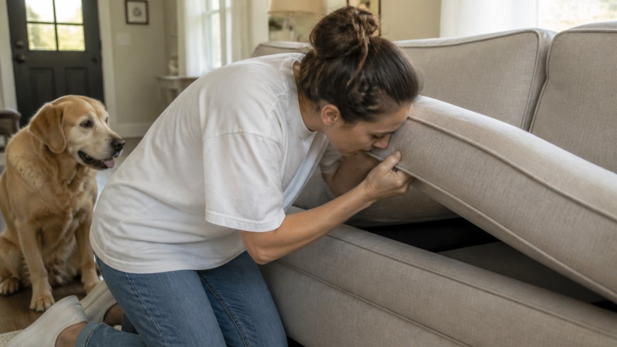A pet owner kneeling beside a sofa in a bright living room, lifting the cushion and sniffing near the upholstery while a dog watches from nearby