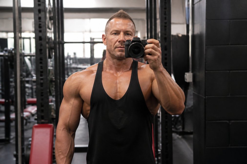 Athlete taking a progress photo in gym mirror wearing tank top, showing defined shoulder and chest musculature from front angle with natural gym lighting