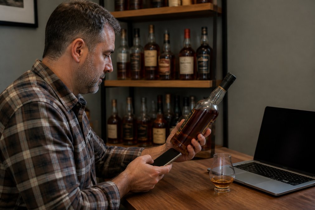 A collector in their 40s sitting at a wooden desk, holding a smartphone in one hand and a bourbon bottle in the other, with a laptop showing a collection dashboard open nearby and several whiskey bottles lined up on a shelf behind them