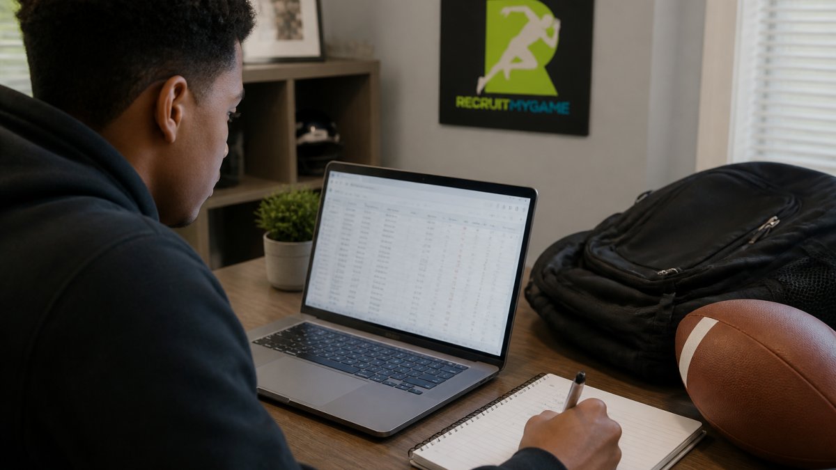 Student-athlete using a laptop to track college coach turnover and roster data at a desk
