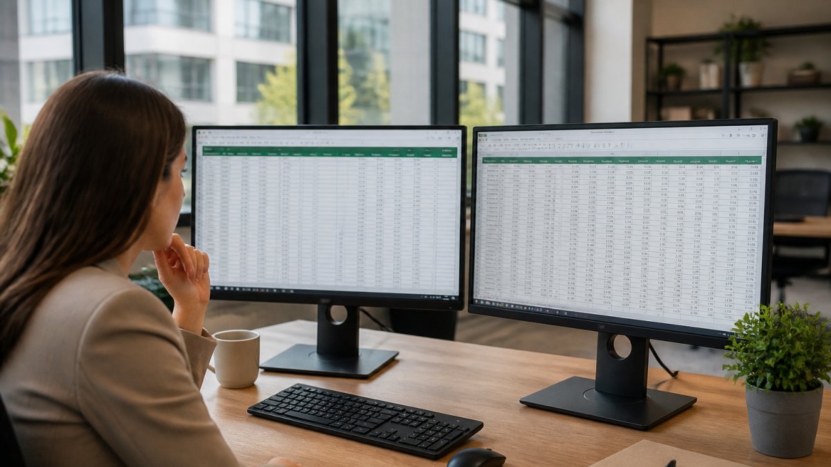 Marketing manager at desk with dual monitors, spreadsheet with creator affiliate data visible, reviewing performance metrics in modern office with natural light