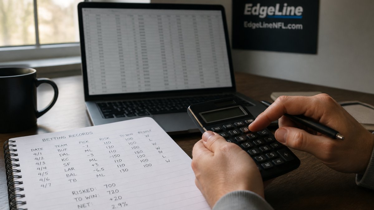 Infographic showing a step-by-step process for calculating NFL betting performance ROI using recorded data.