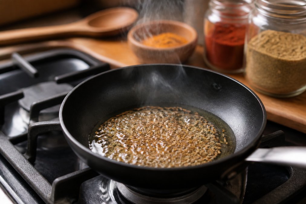 Close-up of a small frying pan on a hob with whole cumin seeds sizzling in glistening oil, gentle steam rising, wooden spoon and jars of ground spices blurred in the background of a home kitchen
