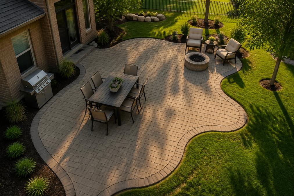 Diagram illustrating a curved layout design for custom patios with dining and lounge areas in a backyard setting.