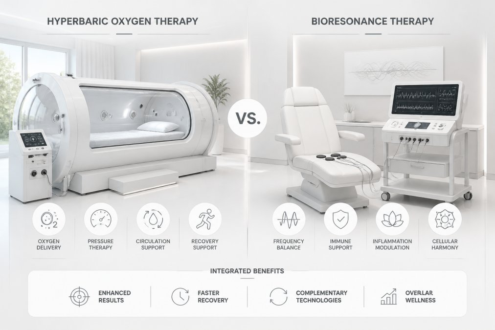 Professional clinical setting with modern hyperbaric chamber and bioresonance equipment positioned side-by-side, showing integrated wellness technology in bright, sterile medical office environment with natural lighting