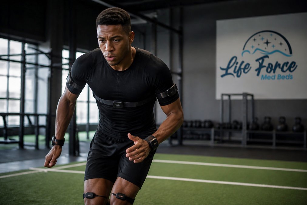 Professional athlete wearing multiple wearable biosensor devices during high-intensity training session in modern gym, with visible heart rate monitor and motion tracking equipment showing real-time data capture during exercise