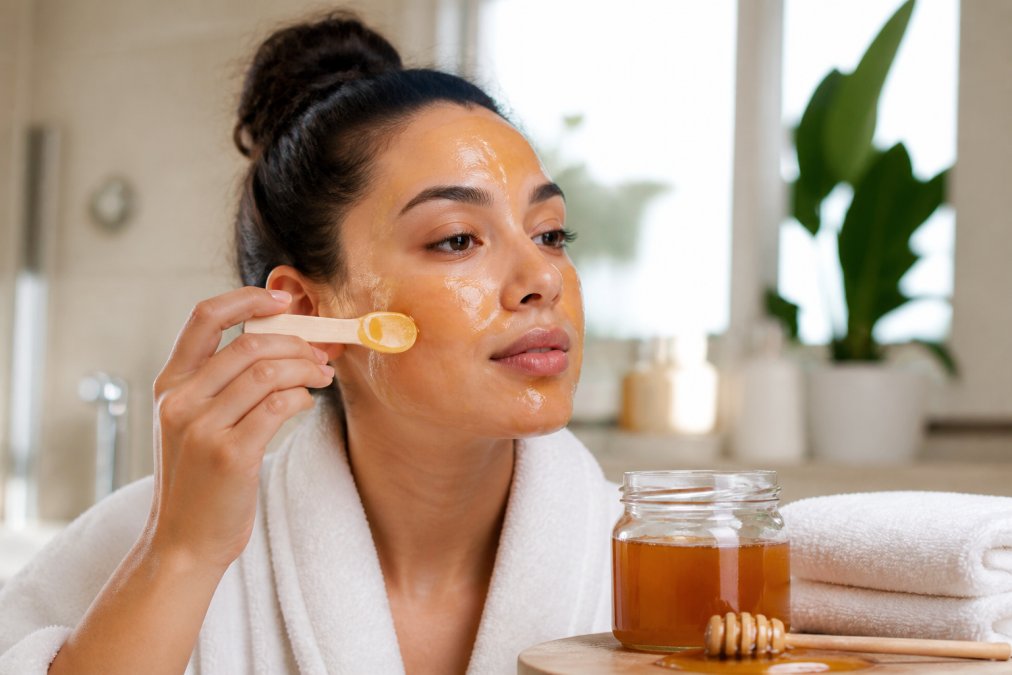 Woman applying a golden raw honey face mask with a spatula in a bright bathroom