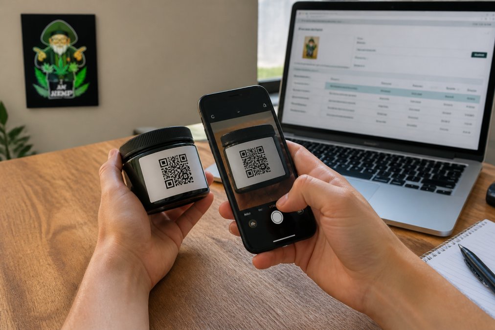 Hands scanning a QR code on a hemp product jar to verify lab results on a laptop screen