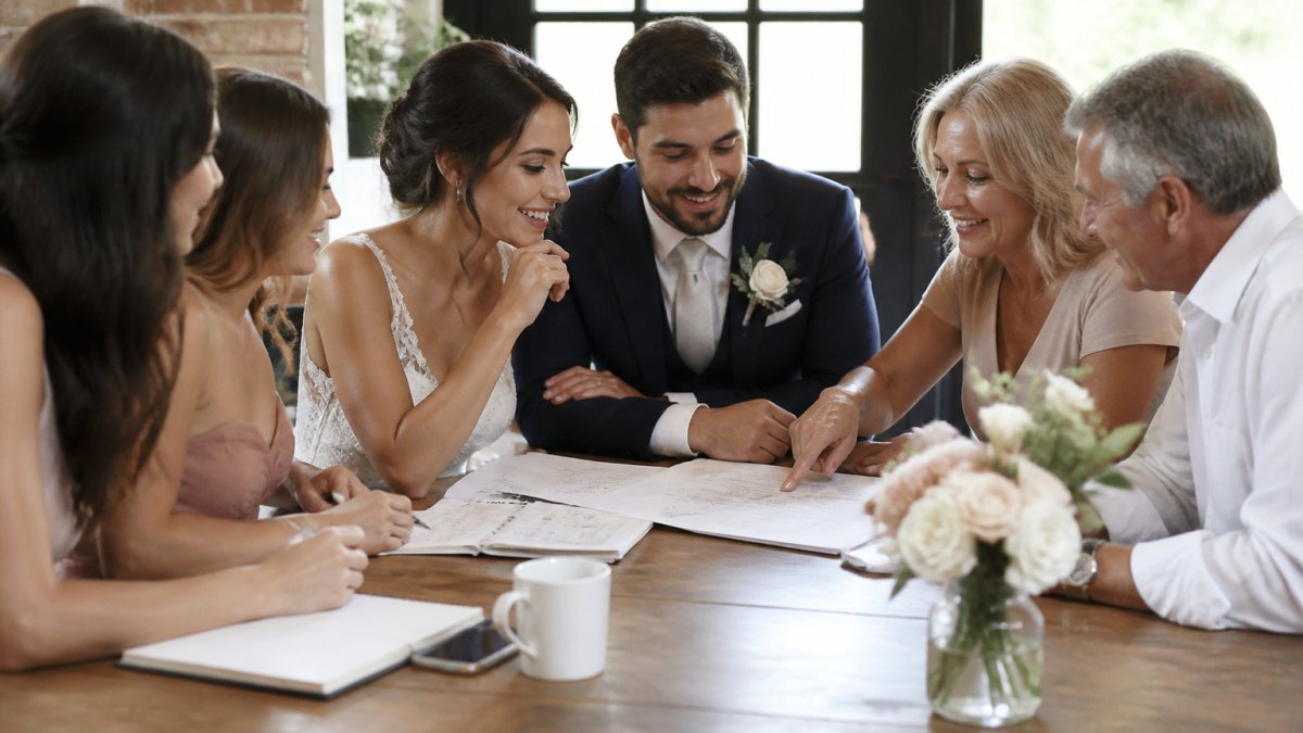 Infographic flowchart illustrating a collaborative process for delegating wedding planning tasks to friends and family