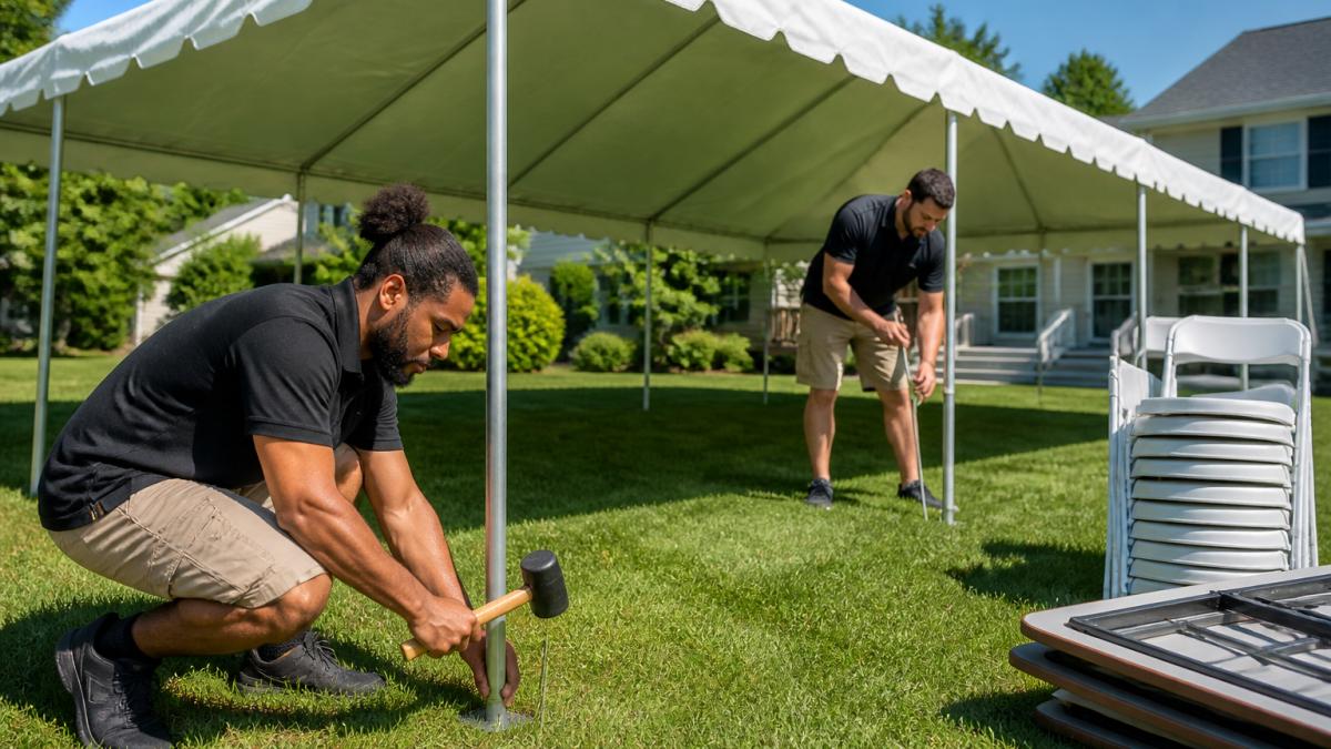 Rental crew securing a white frame tent in a backyard for weekend tent delivery services.