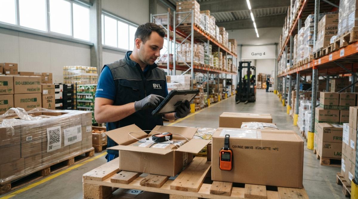 Lagerarbeiter nutzt Tablet für Echtzeit-Tracking bei den 7 Wege zur Verbesserung der Lieferkettentransparenz in der Halle.