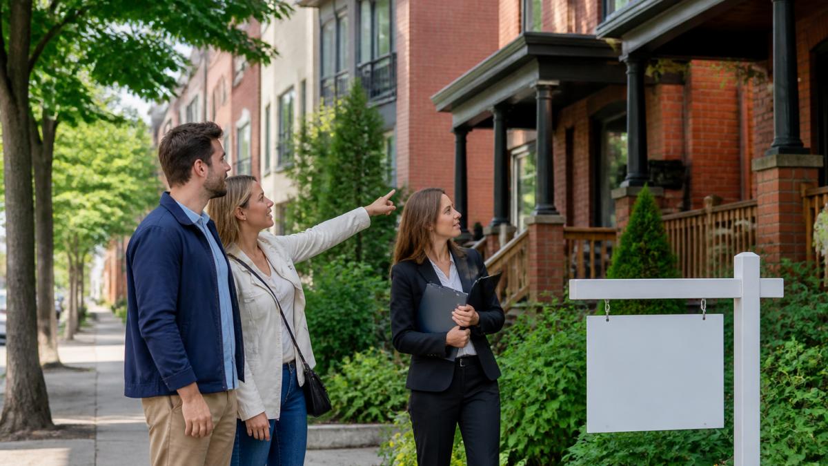 Real estate agent showing a couple a home on a West Centre Town street with brick houses and townhomes