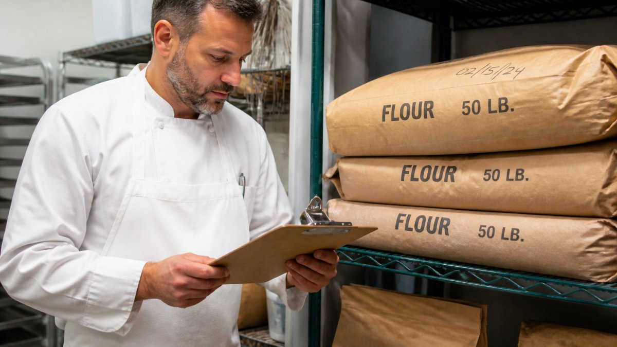 A baker in a white apron checking a clipboard beside a labeled dry-storage rack holding stacked 50 lb flour bags, with a date label visible on the top bag