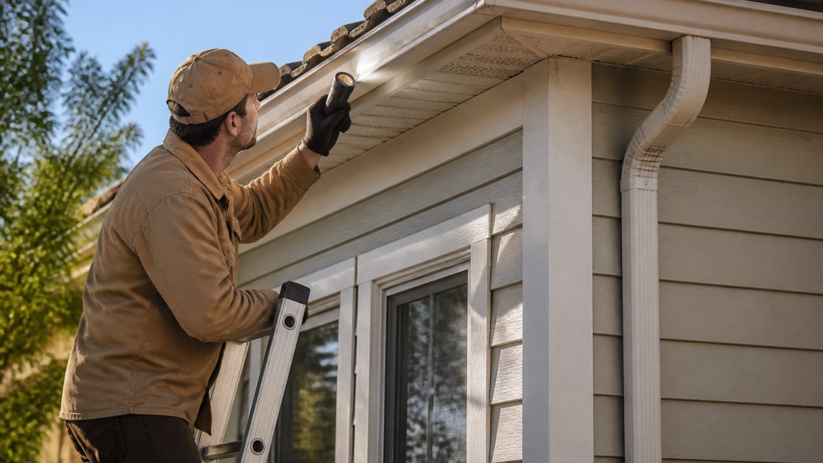 A homeowner in work clothes inspecting the exterior roofline and soffit of a two-story house with a flashlight, ladder nearby, bright daylight, looking for gaps where animals could enter