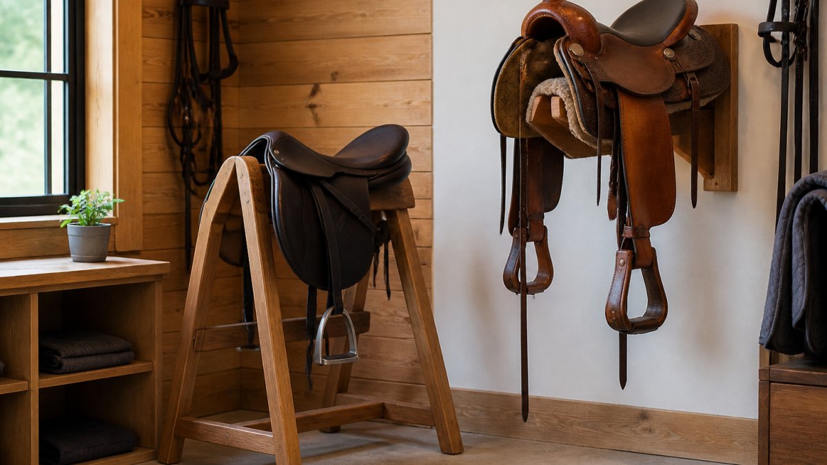 English saddle on a wooden freestanding stand beside a wall-mounted Western saddle rack in a bright tack room.