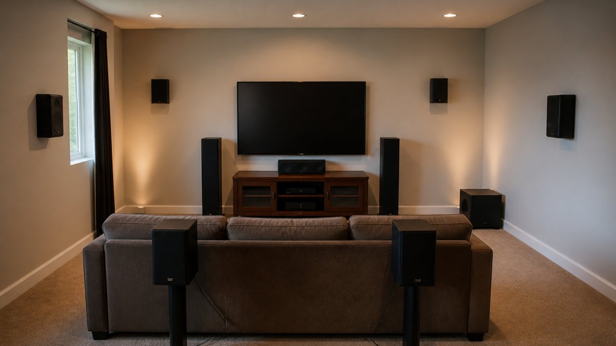Diagram illustrating the precise placement of seven speakers and a subwoofer for a 7.1 surround sound setup.