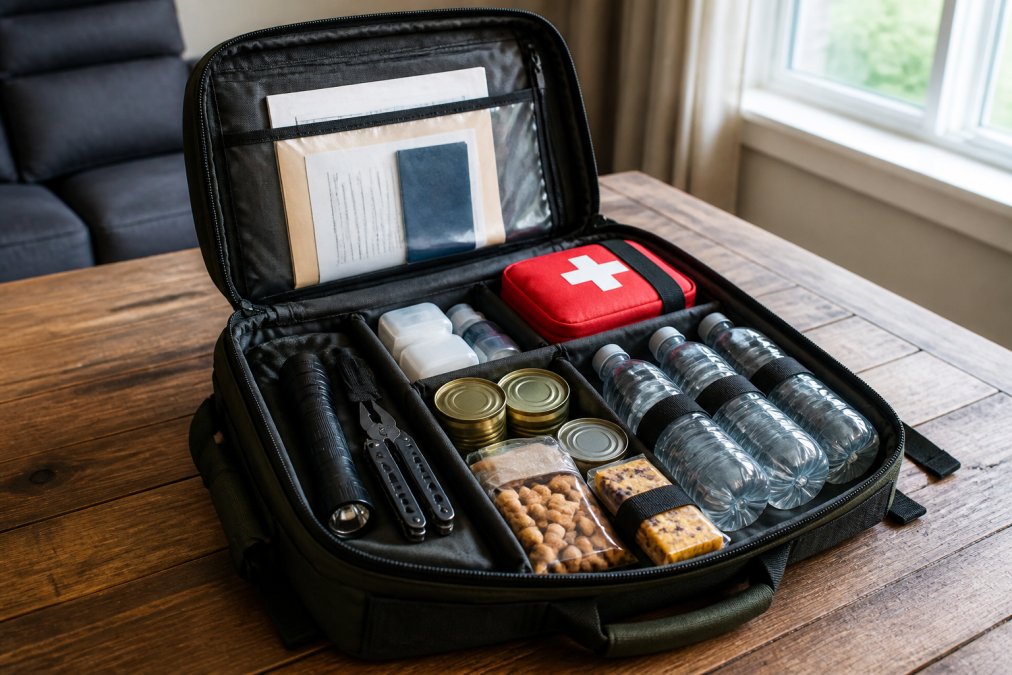 Open emergency bag with organized compartments showing documents in waterproof pouch, first aid supplies, flashlight, water bottles, non-perishable food items, and multi-tool neatly arranged on a wooden table with natural window lighting