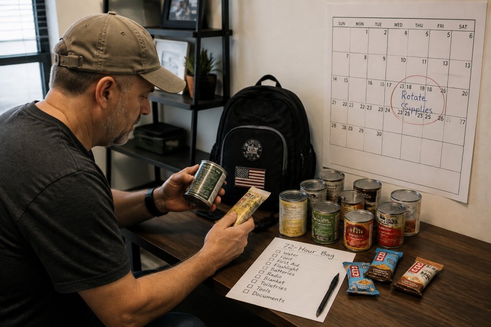 Person in home office checking expiration dates on canned goods and emergency food bars while reviewing a handwritten checklist on paper, with a calendar visible on the wall showing rotation schedule