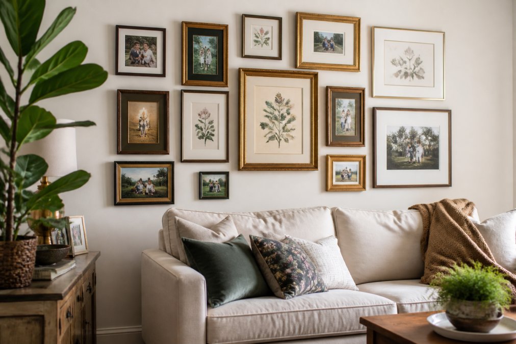 Gallery wall featuring thrifted frames as creative alternatives to expensive art above a cozy living room sofa.