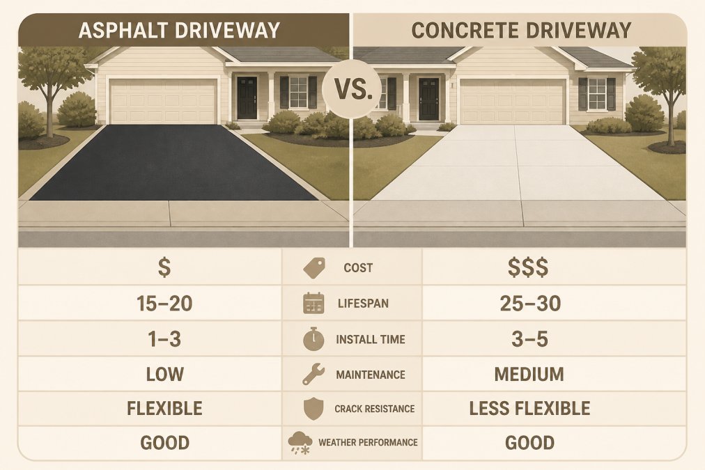 Infographic comparing the pros and cons of a black asphalt driveway versus a gray concrete driveway surface.