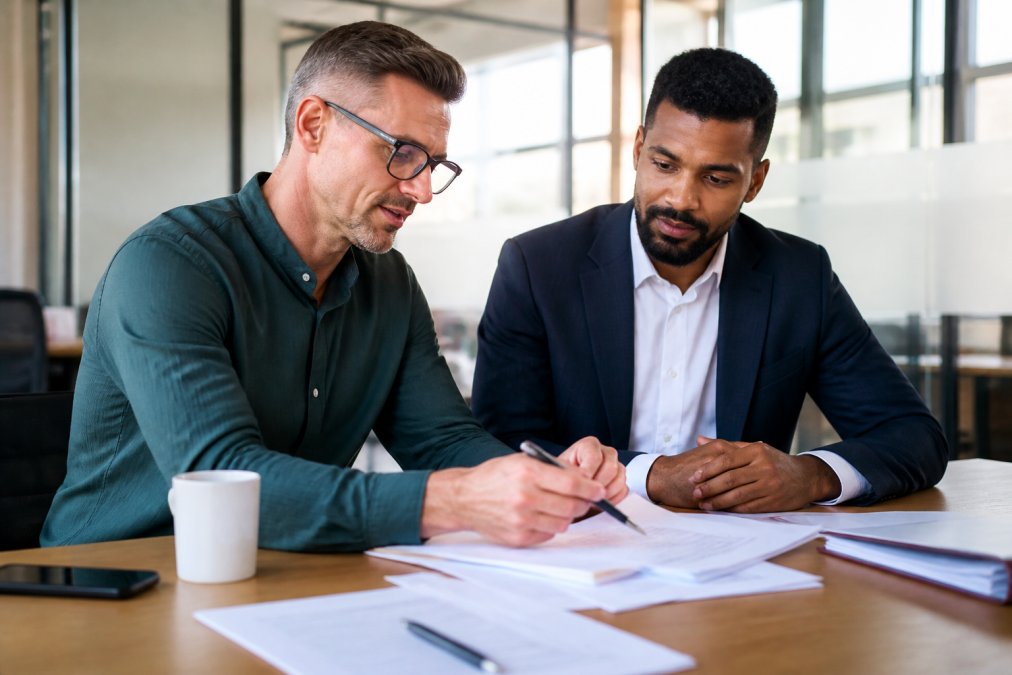 A small business owner reviewing cash flow statements with an accountant in a bright office, pointing at positive revenue figures on a laptop screen