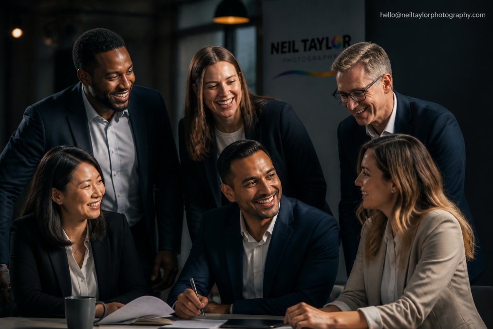 A diverse corporate team of six professionals in business attire posed together in a modern office setting with neutral lighting, all displaying confident and natural expressions