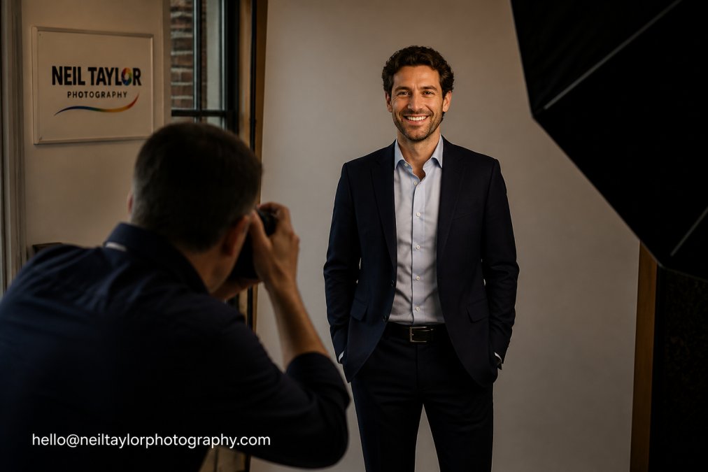 A professional team member in a well-lit studio environment, wearing smart business clothing, with polished appearance and composed posture ready for a headshot session