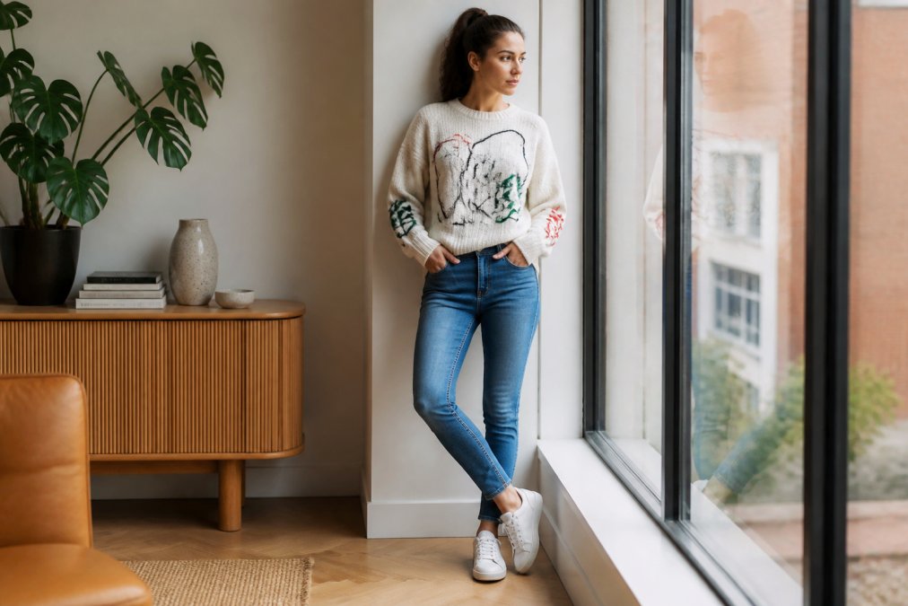Person wearing a hand-drawn graphic sweater styled casually with fitted jeans and white trainers, standing in natural daylight near a window, showing how artistic pieces integrate into relaxed everyday outfits