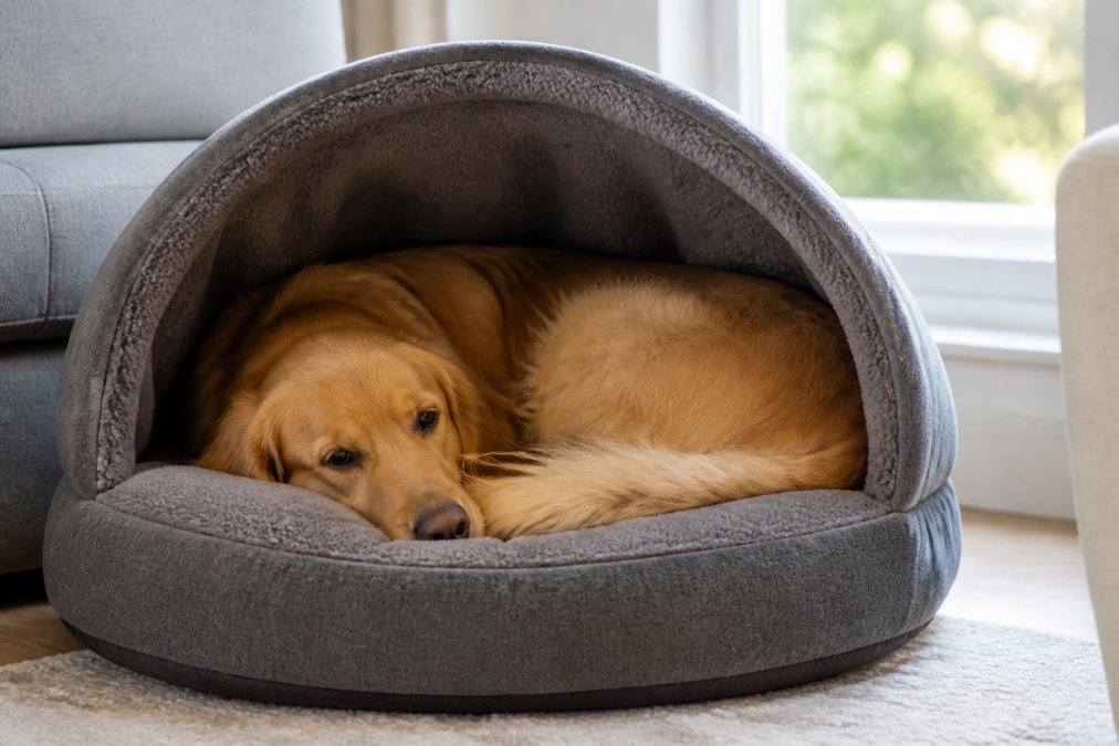 A calm, relaxed golden retriever curled up comfortably inside a cozy, semi-enclosed plush pet bed in a bright, quiet living room with soft natural light coming through a window