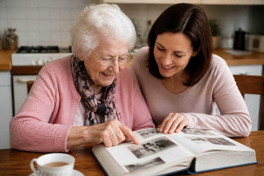 An elderly woman smiling warmly as she looks through a large photo book with a younger family member, sitting together at a kitchen table with a cup of tea nearby