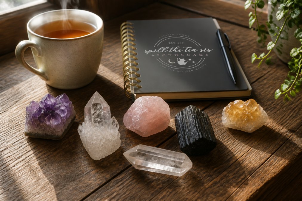 A flat lay of clear quartz, amethyst, rose quartz, black tourmaline, and citrine arranged on a weathered wooden table beside a small notebook and a steaming cup of tea, soft morning light through a window