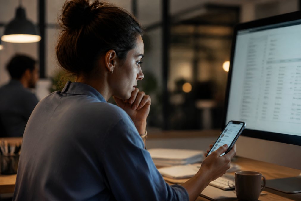 8 Best Email Marketing Automation Tools in 2026 A focused marketer in a modern office reviewing campaign analytics on a large monitor, with a smartphone showing engagement notifications nearby