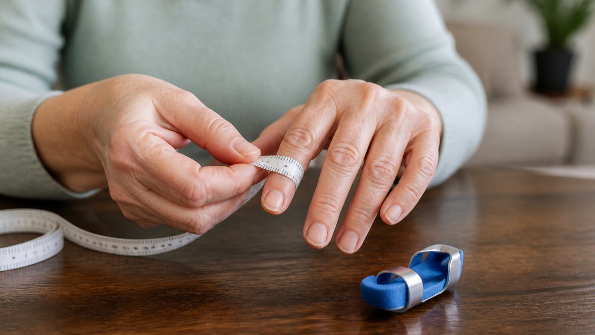 Close-up of an older adult's hands using a soft measuring tape around a finger joint, with a ring splint resting on a table nearby in a bright home setting