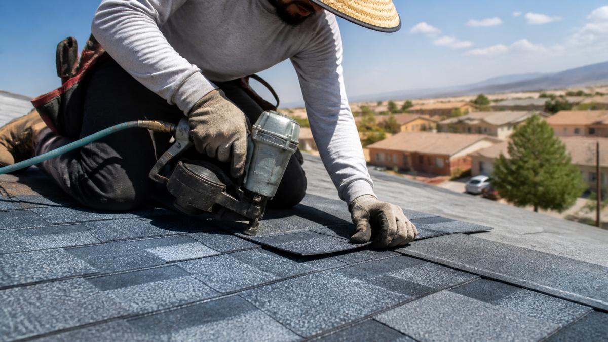 Professional construction crew installing new roofing materials on residential home exterior during daytime with clear El Paso sunlight, workers in safety gear on pitched roof