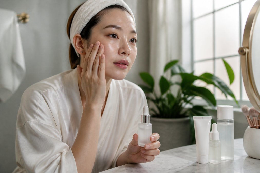 Close-up of hands applying a lightweight brightening serum to the cheek area, with Korean skincare products arranged on a clean bathroom counter in soft natural light