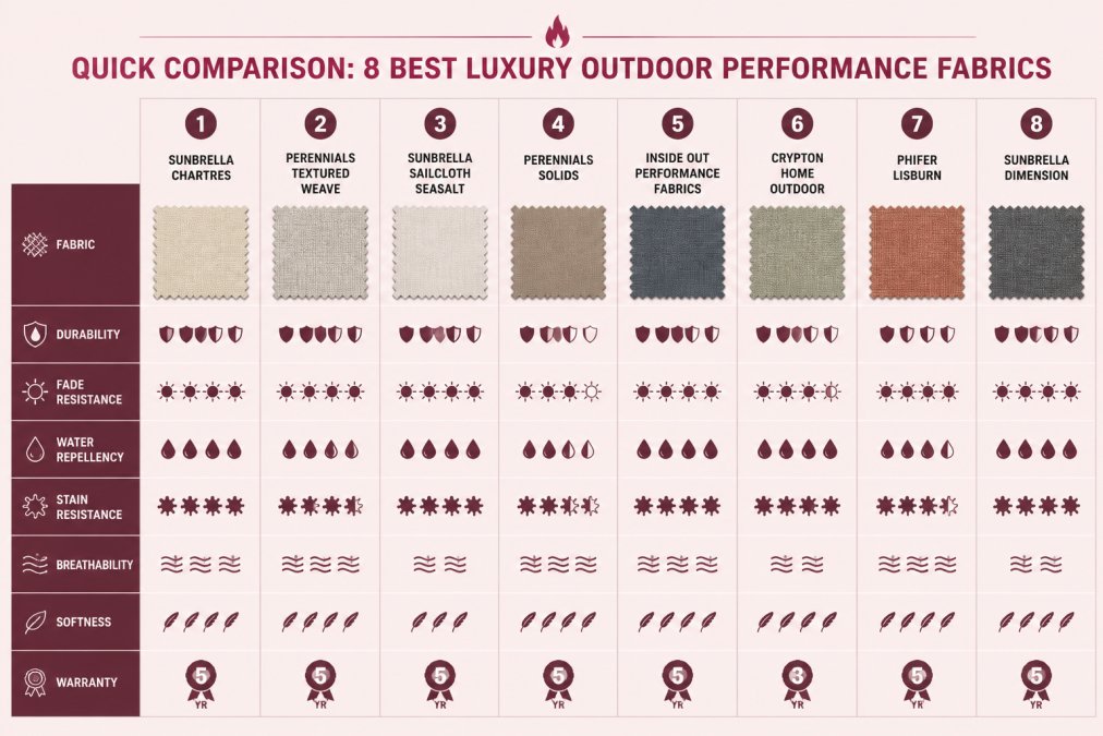 Close-up flat lay of several swatches of high-end outdoor fabrics in warm neutrals, slate blues, and earth tones arranged on a brushed teak surface beside a glowing gas fire pit table at dusk, natural warm lighting