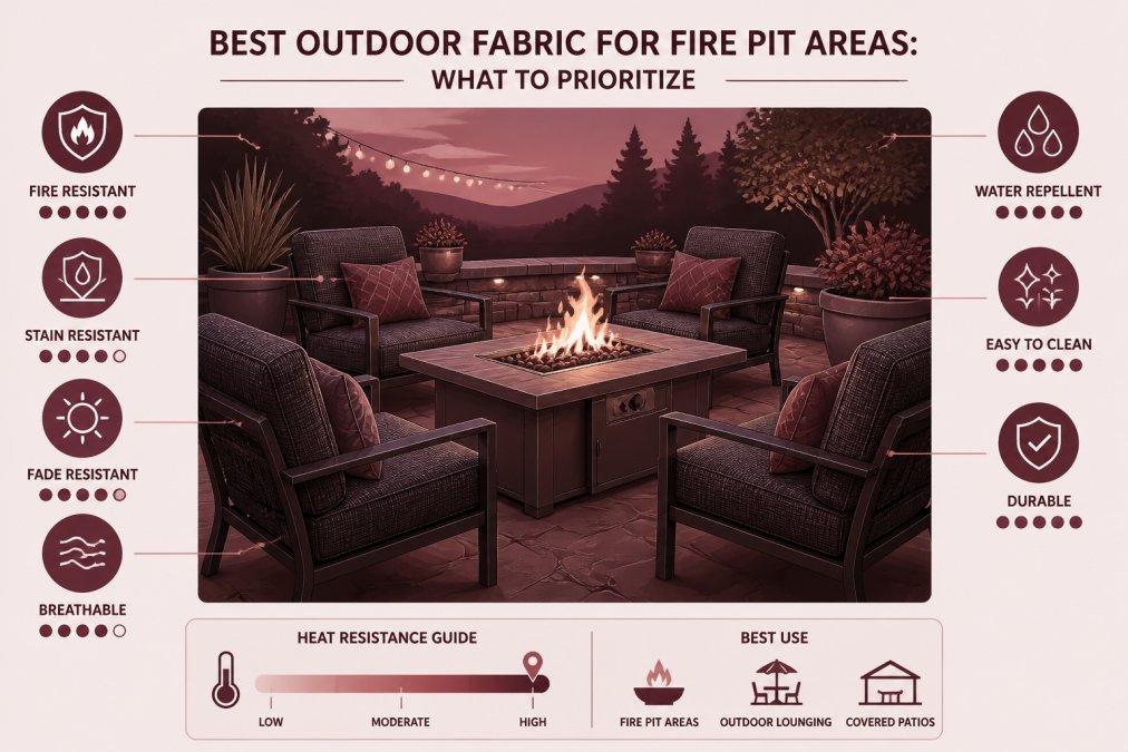 Outdoor living space at dusk with a glowing gas fire pit table centered in a seating arrangement, cushioned chairs with textured charcoal performance fabric, warm ambient light from the fire reflecting off the fabric surface, surrounded by potted plants and a stone patio