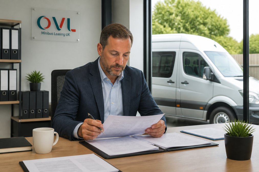 Business manager reviewing vehicle finance documents and contract terms at a desk with a minibus visible through the office window in natural daylight