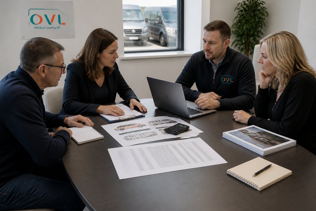 Operations team discussing fleet requirements and financing options around a conference table with laptops, vehicle specifications, and financial documents visible in a modern office setting