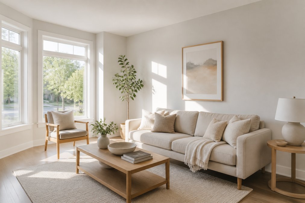 Bright, sunlit living room with soft neutral paint walls and natural light streaming through large windows, showing how Soca Services neutral colors reflect and enhance natural daylight