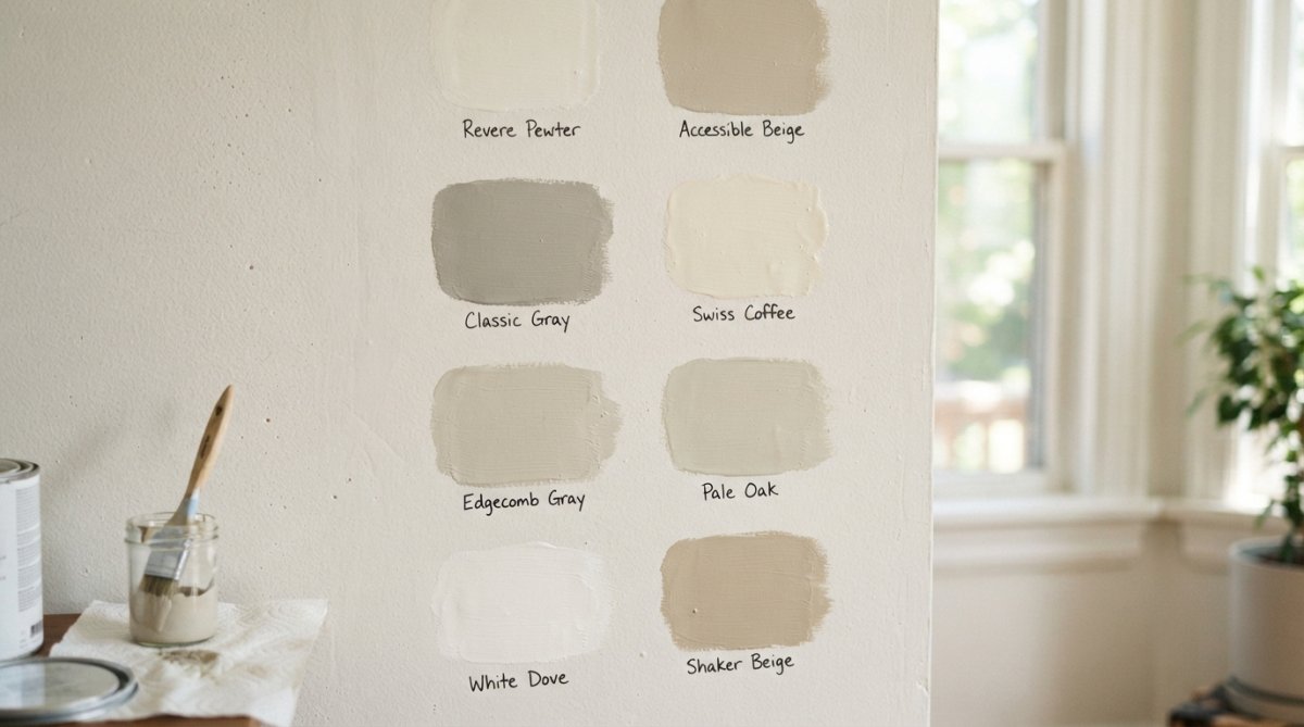 Close-up of paint sample swatches on a wall in a bright room at different times of day, showing how Soca Services lighting affects neutral paint color appearance