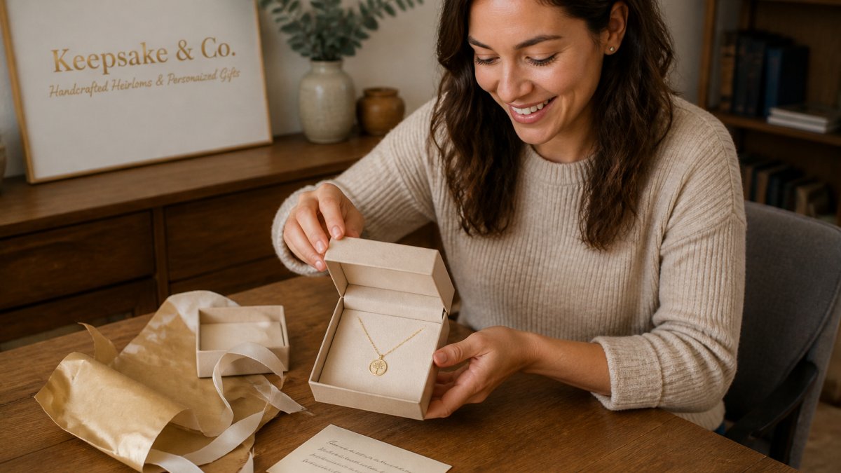 Smiling woman opening a gift box containing a custom necklace at a table with wrapping paper and a note.